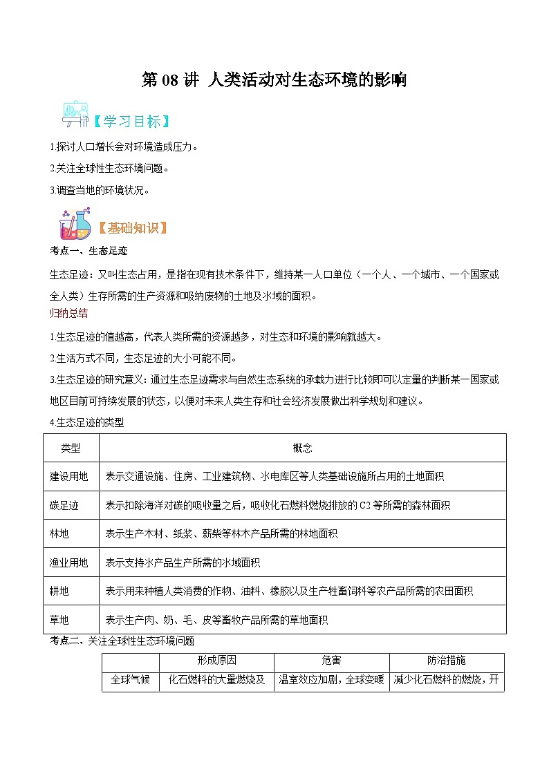 【寒假衔接讲义】人教版（选择性必修2） 高中生物 高二寒假 第08讲 人类活动对生态环境的影响（学生版）第1页