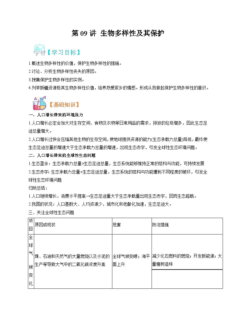 【寒假衔接讲义】人教版（选择性必修2） 高中生物 高二寒假 第09讲 生物多样性及其保护（学生版）第1页