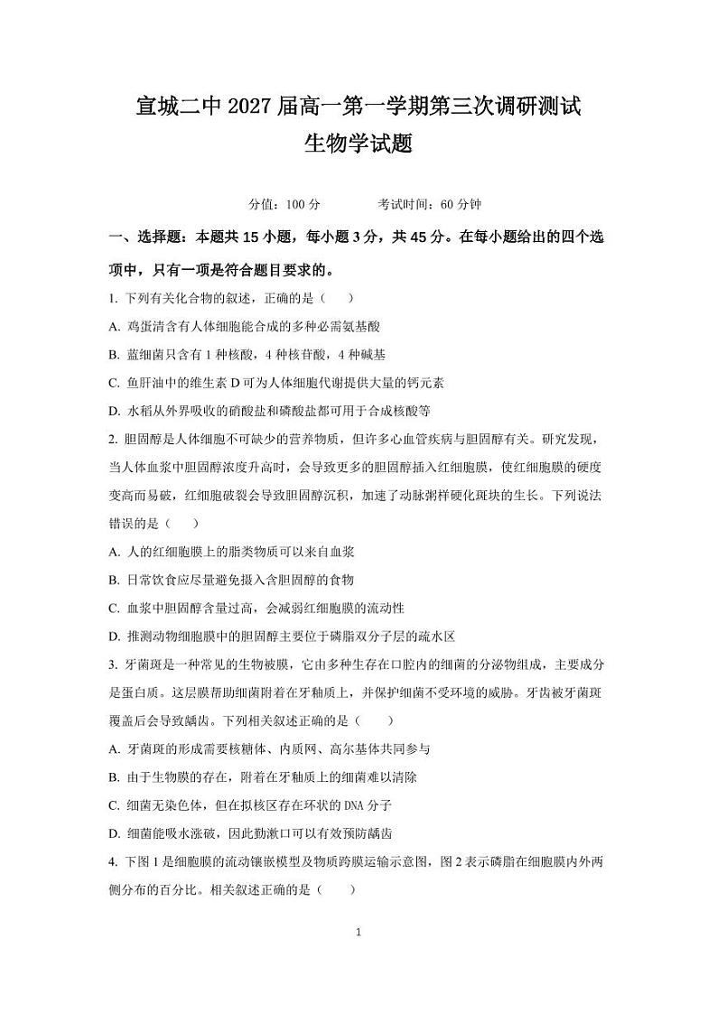 宣城二中2027届高一第一学期第三次调研测试生物学试题- 第1页