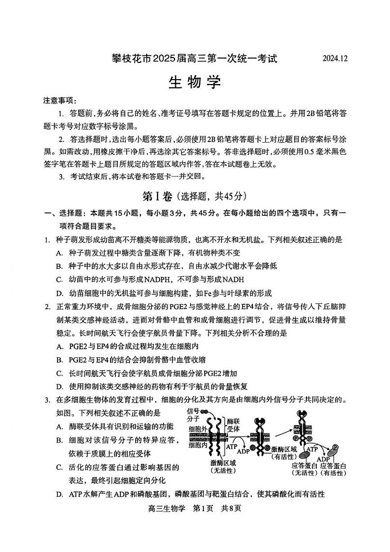 四川省攀枝花市2025届高三上学期第一次统一考试生物试卷（图片版）第1页