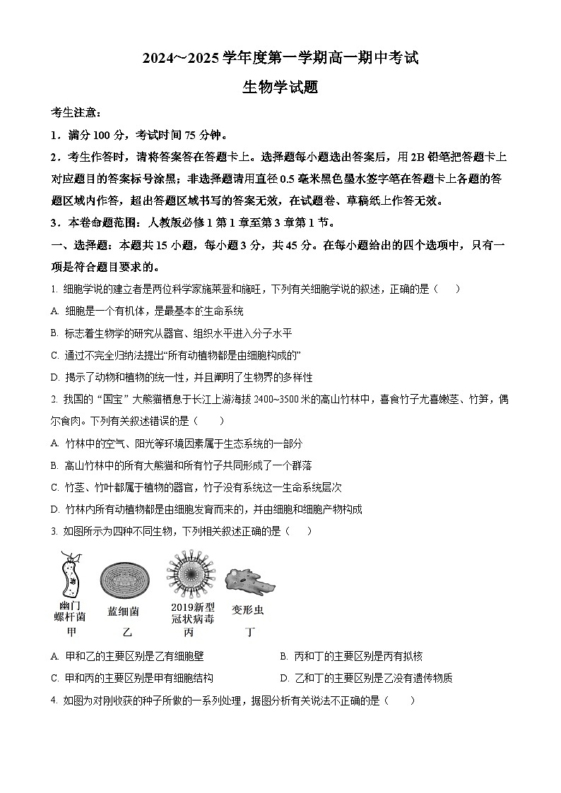 安徽省滁州市滁州九校联考2024—2025学年高一上学期期中考试生物试题  Word版无答案第1页