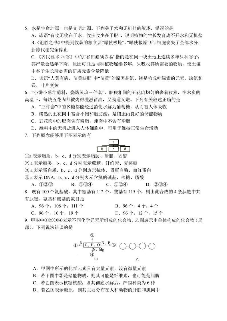 2024～2025学年福建省南平市高级中学高一(上)期中生物试卷(含答案)第2页
