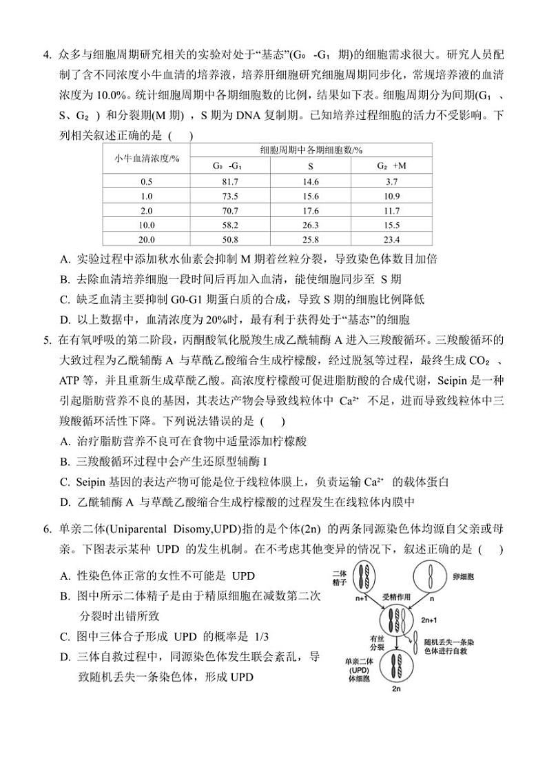 2024_2025学年重庆市西南大学附属中学高三(上)12月一诊模拟考试生物试卷(含答案)第2页