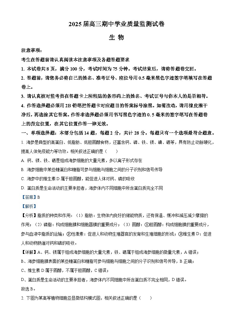 江苏省南通市海安市2024-2025学年高三上学期11月期中学业质量监测生物试题含解析第1页