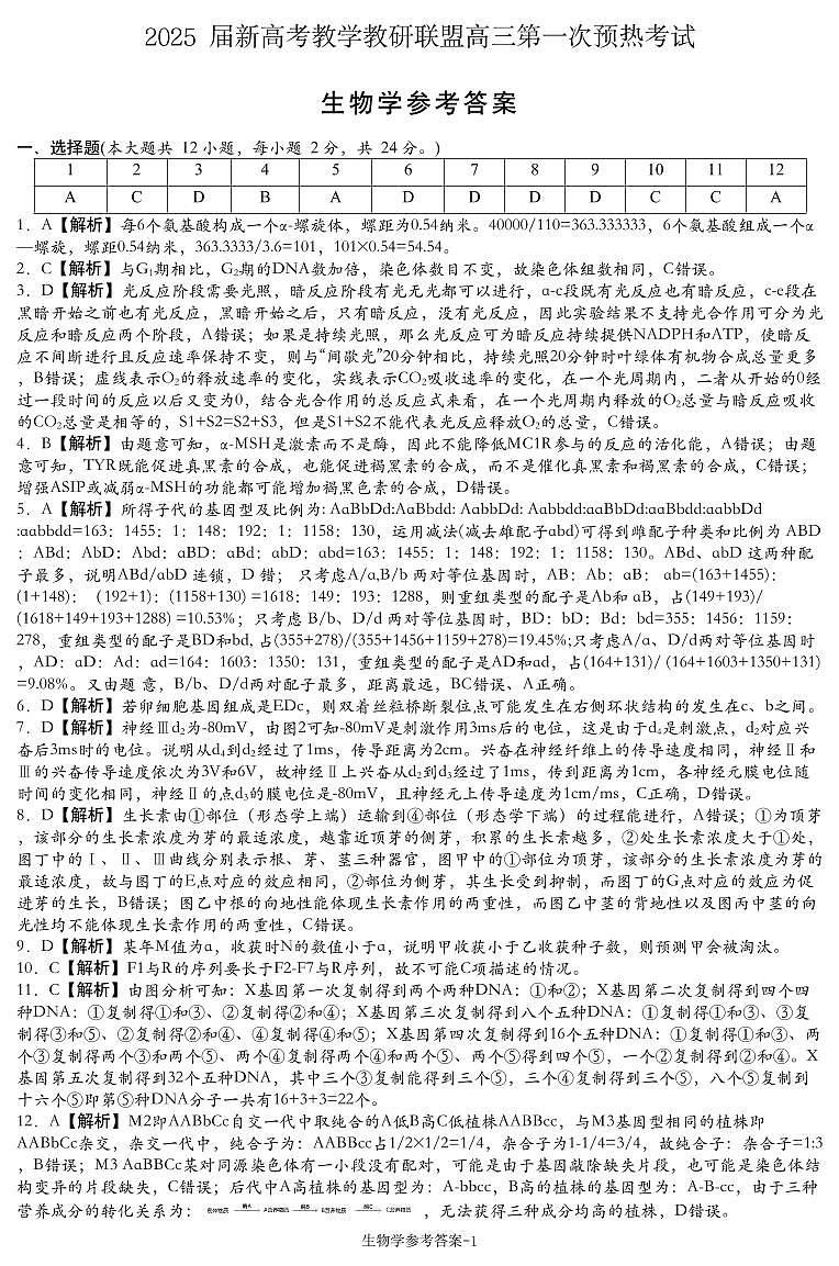 2025届湖南省新高考教学教研联盟（长郡二十校联盟）高三第一次预热演练生物学试题解析第1页