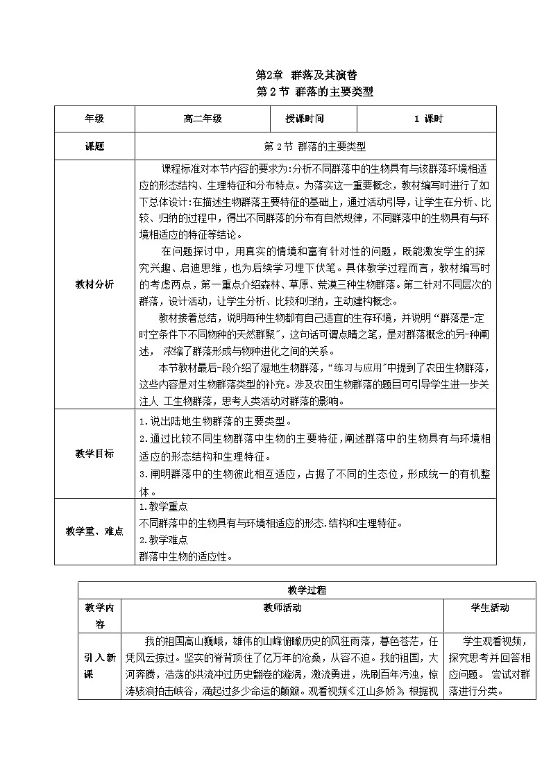 人教版高中生物选择性必修二2.2《群落的主要类型》（教学设计）第1页