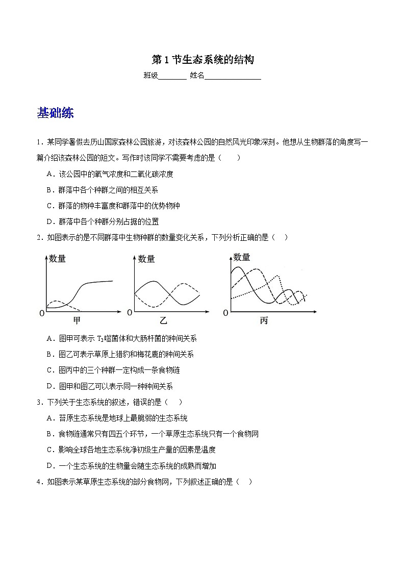 人教版高中生物选择性必修二3.1《生态系统的结构》分层练习（原卷版）第1页