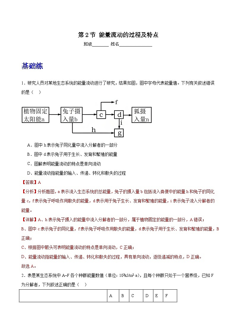 人教版高中生物选择性必修二3.2.1《能量流动的过程及特点》分层练习（解析版）第1页