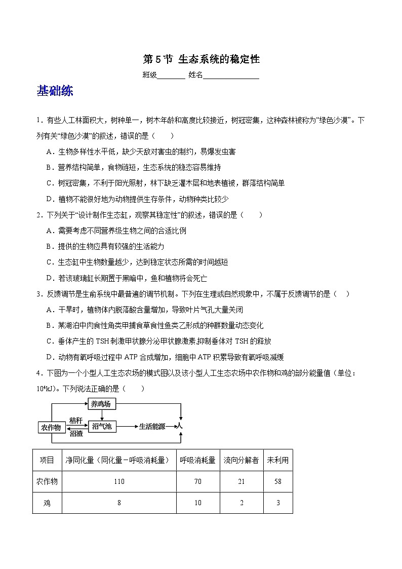 人教版高中生物选择性必修二3.5《生态系统的稳定性》分层练习（原卷版）第1页