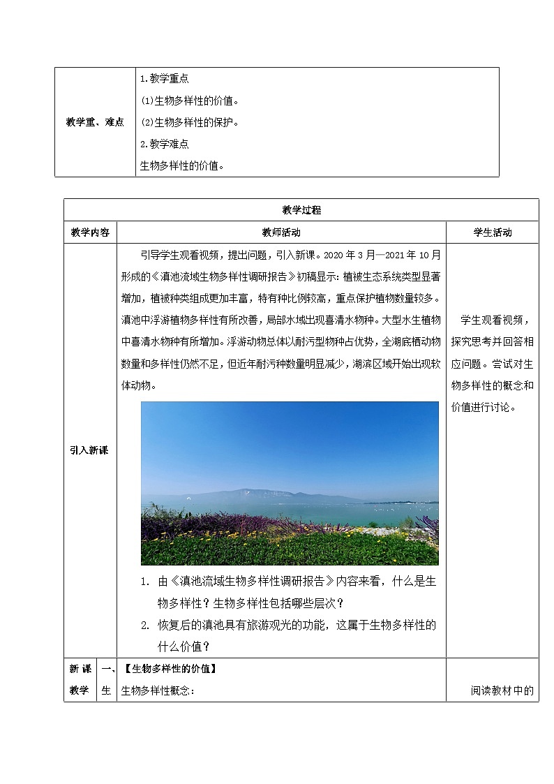 人教版高中生物选择性必修二4.2《生物多样性及其保护》（教学设计）第2页