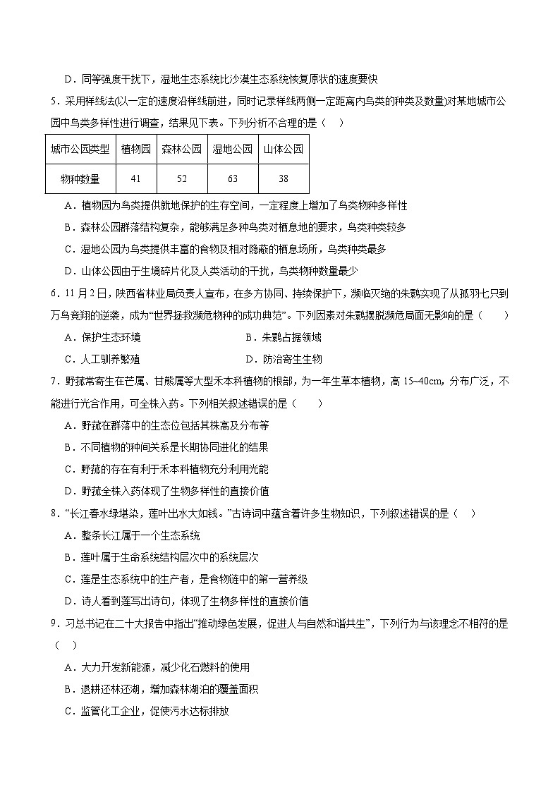 人教版高中生物选择性必修二4.2《生物多样性及其保护》分层练习（原卷版）第2页