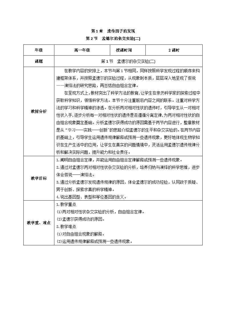 人教版高中生物必修二1.2《孟德尔的豌豆杂交实验(二)》（教学设计）第1页