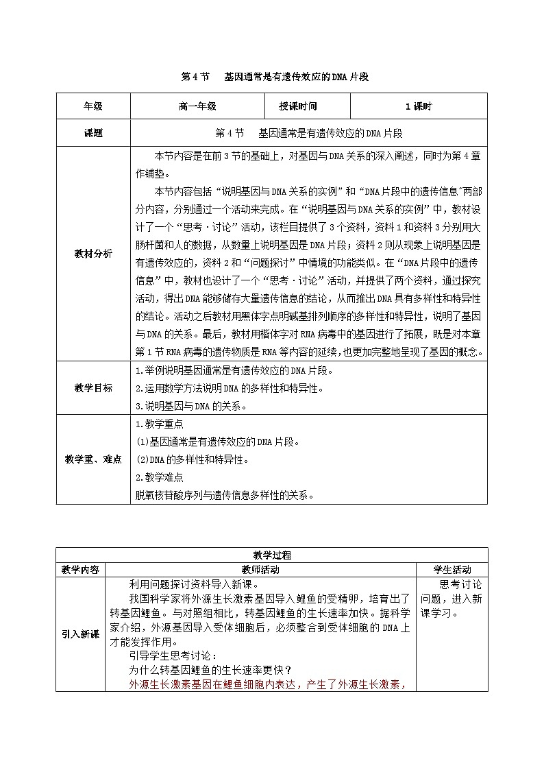 人教版高中生物必修二3.4《基因通常是有遗传效应的DNA片段》（教学设计）第1页