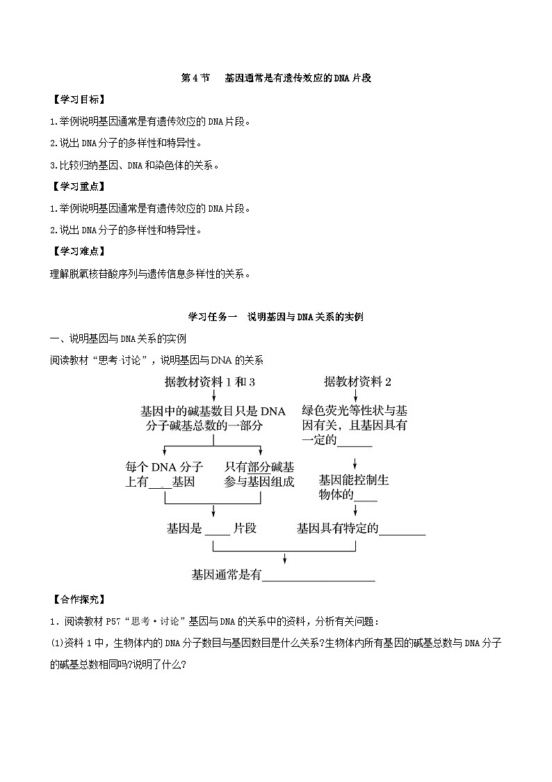 人教版高中生物必修二3.4《基因通常是有遗传效应的DNA片段》（导学案）（原卷版）第1页