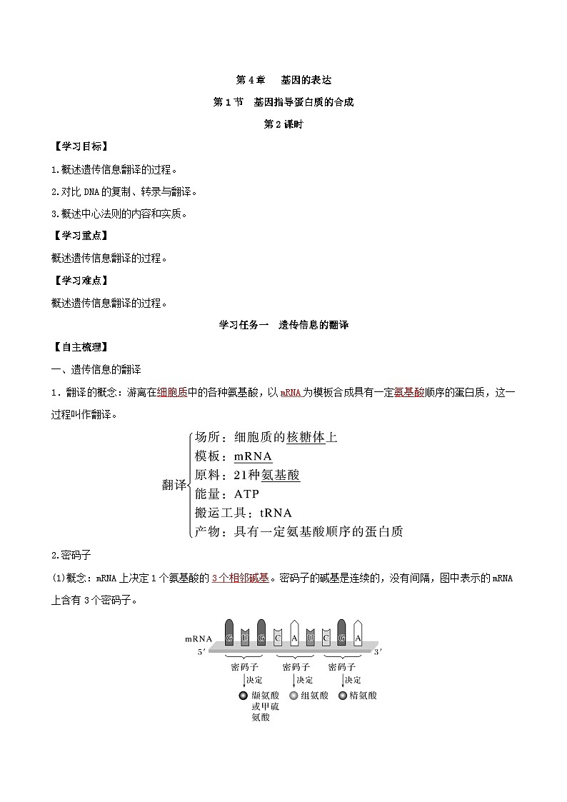 人教版高中生物必修二4.1《基因指导蛋白质的合成》（第2课时）（导学案）（解析版）第1页