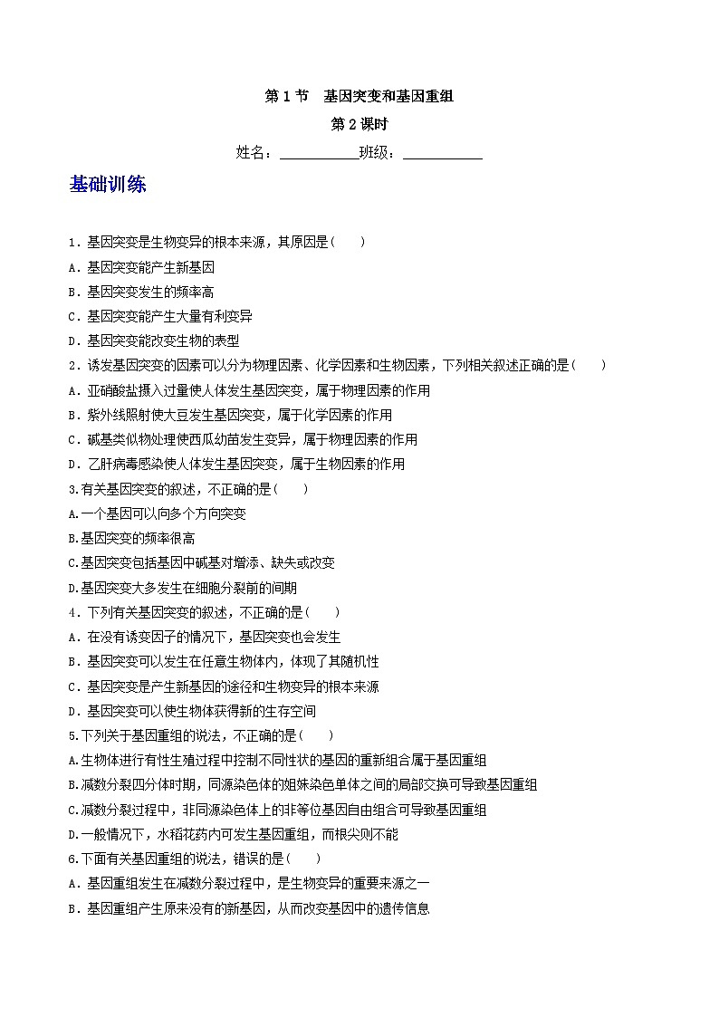 人教版高中生物必修二5.1《基因突变和基因重组》（第2课时）（分层作业）（原卷版)第1页