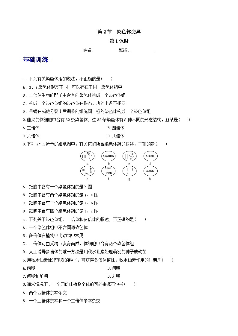 人教版高中生物必修二5.2《染色体变异》（第1课时）（分层作业）（原卷版)第1页