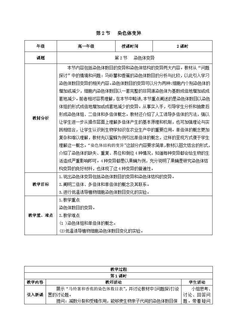 人教版高中生物必修二5.2《染色体变异》（教学设计）第1页