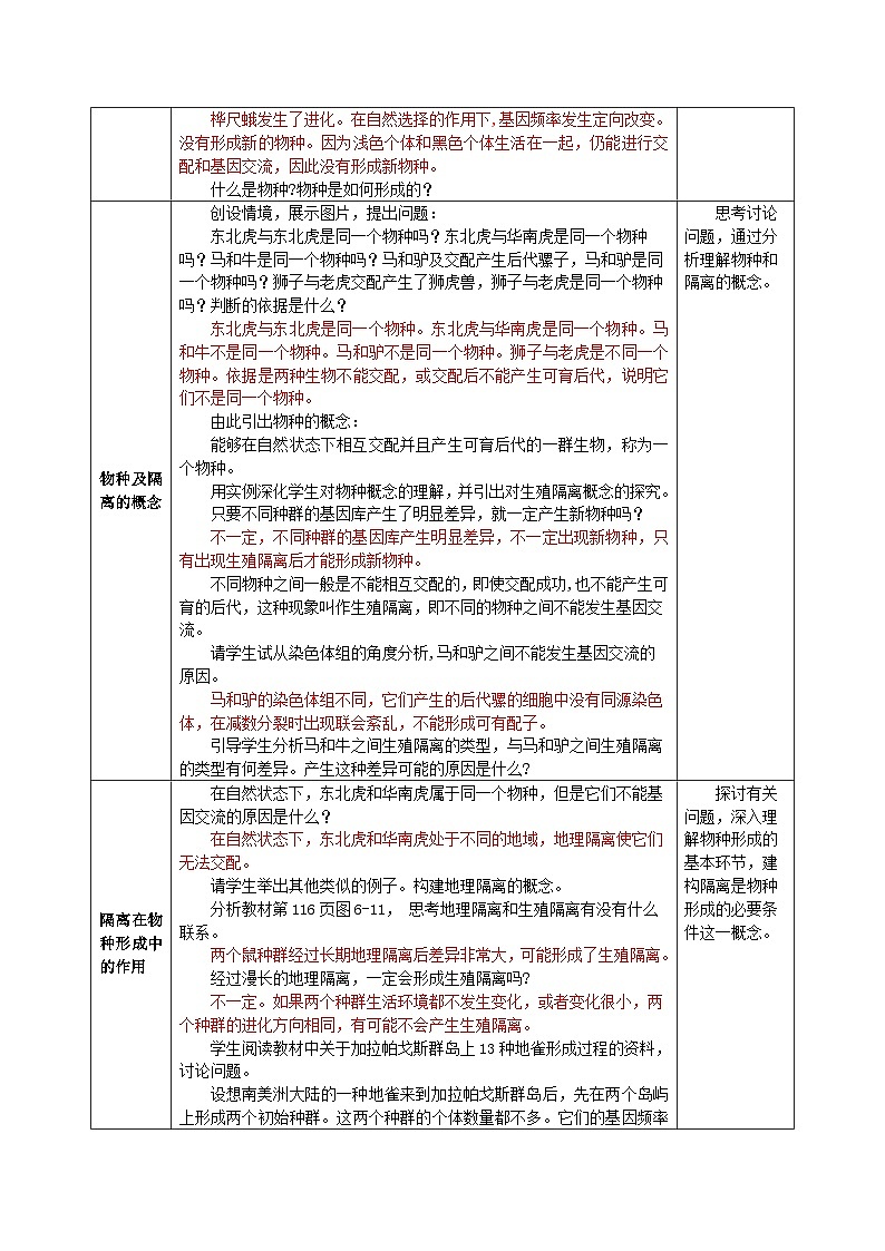 人教版高中生物必修二6.3.2《隔离在物种形成中的作用》（教学设计）第2页