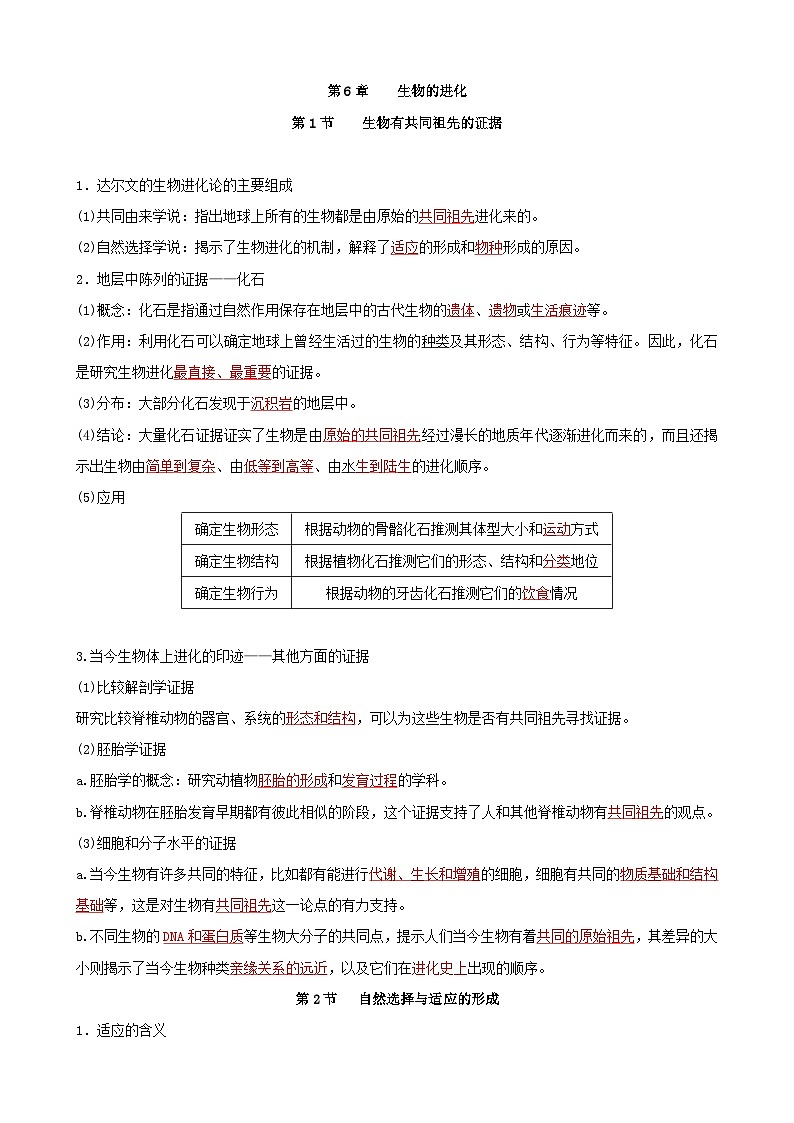 人教版高中生物必修二第6章《生物的进化》（单元知识清单）（背诵版）第1页