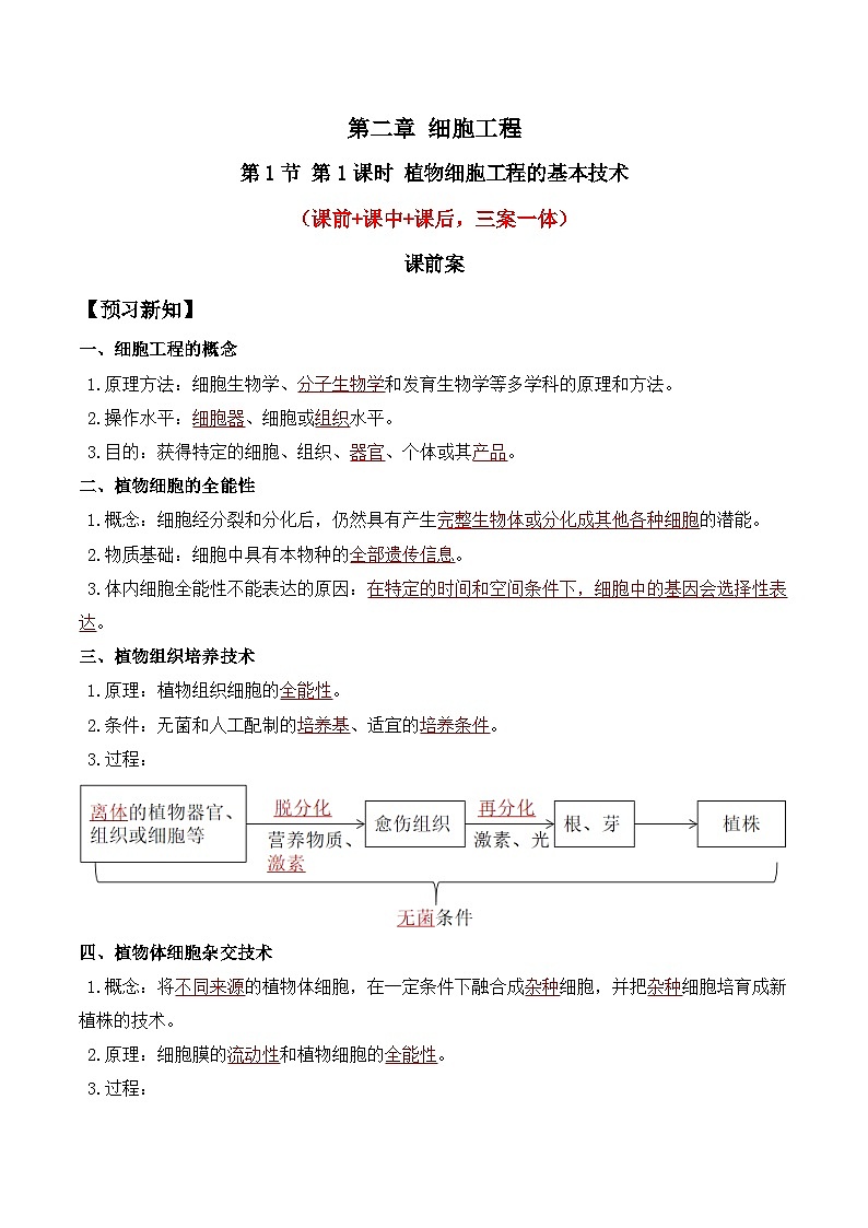 人教版高中生物选择性必修三2.1《植物细胞工程》（第1课时）导学案（解析版）第1页
