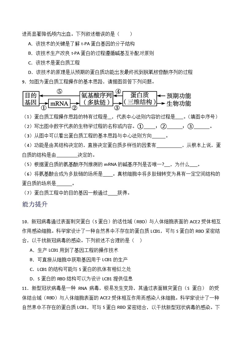 人教版高中生物选择性必修三3.4《蛋白质工程的原理和应用》（分层作业）（原卷版）第3页