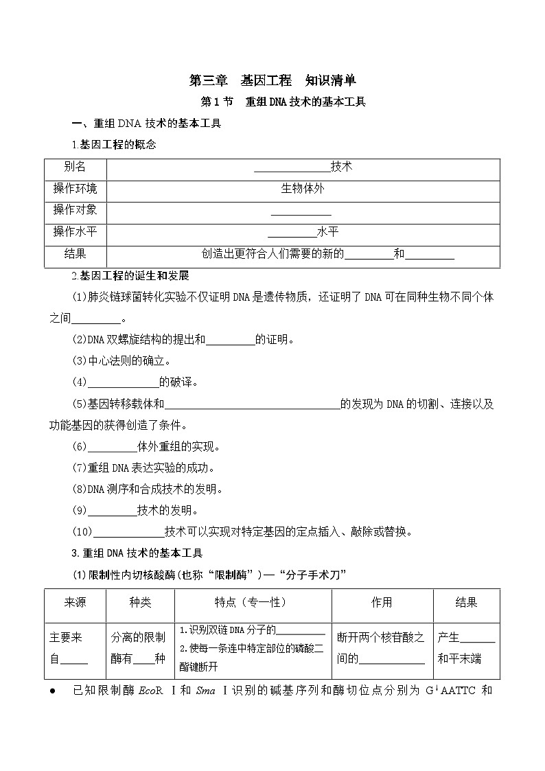 人教版高中生物选择性必修三第3章《基因工程》（单元知识清单）（填空版）第1页