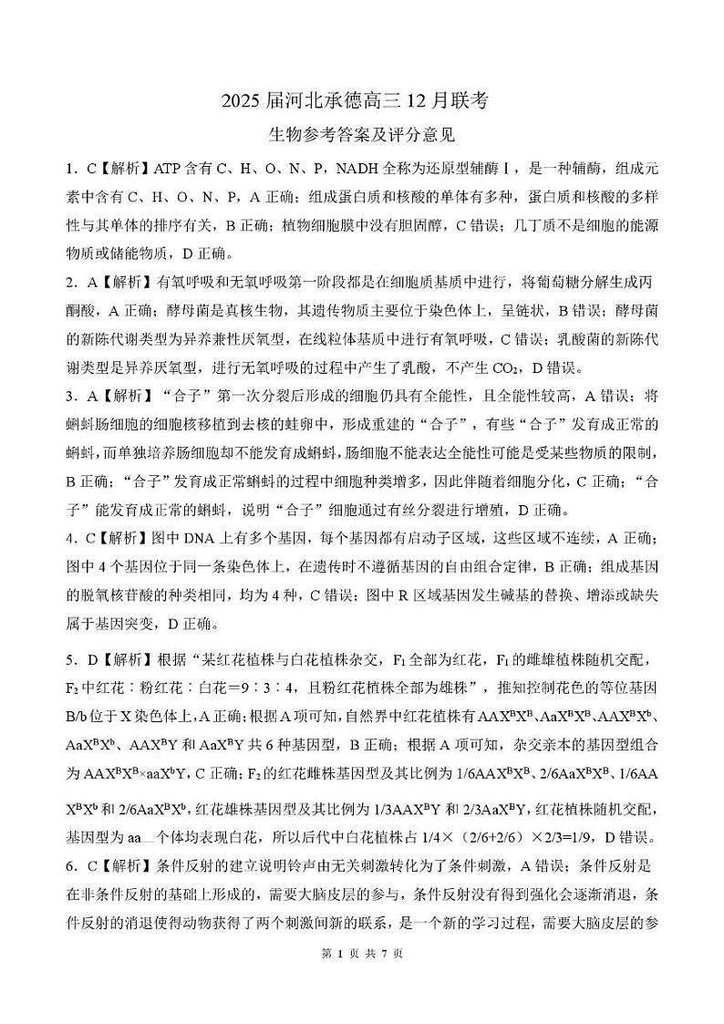 承德高三（生物答案）第1页