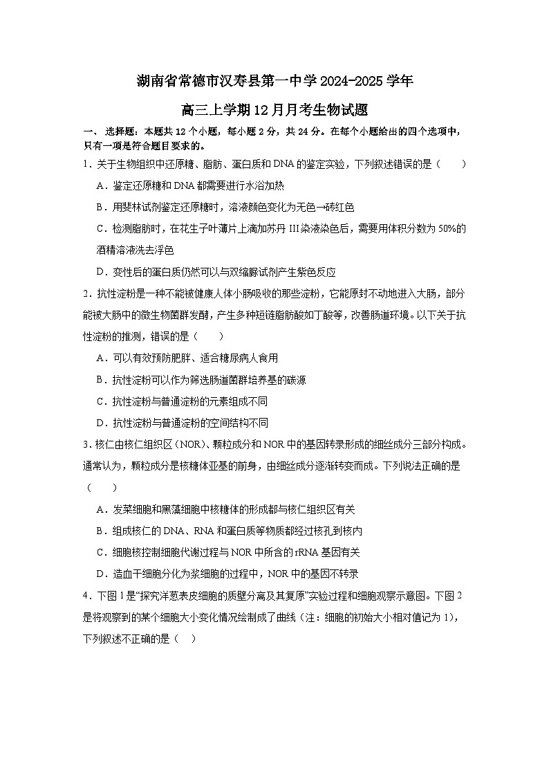 2025常德汉寿县一中高三上学期12月月考生物试题含解析第1页