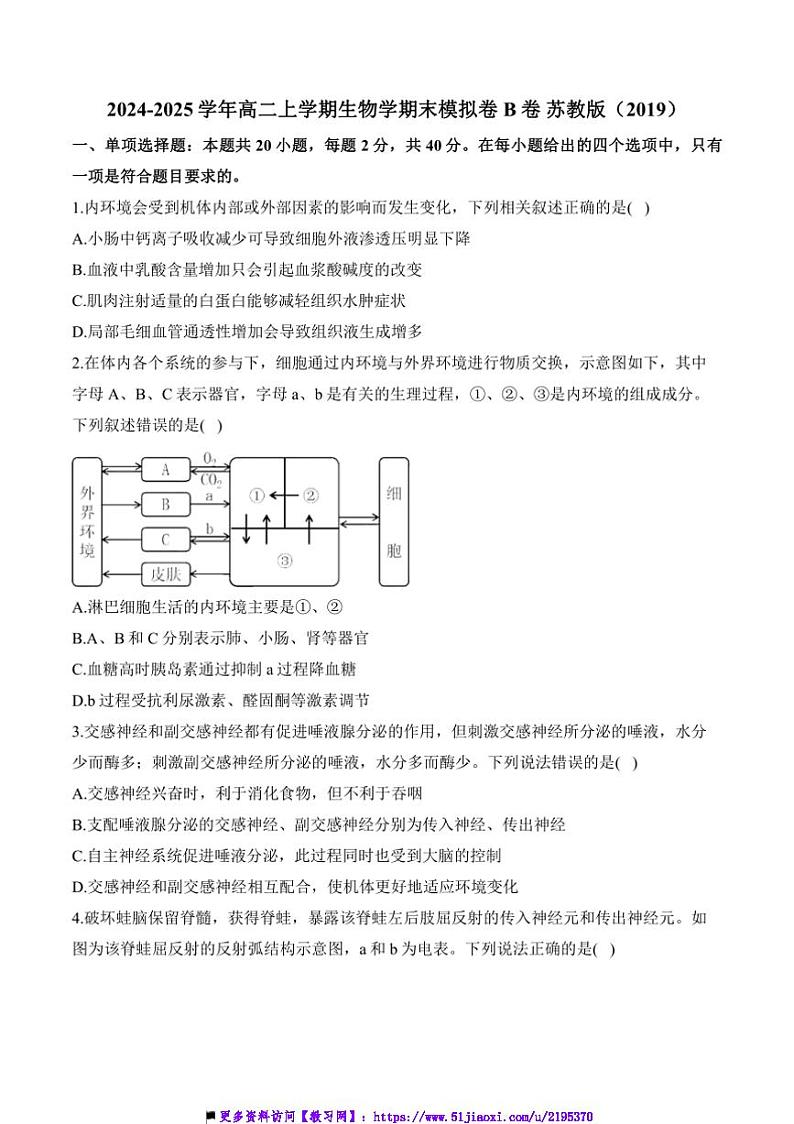 2024～2025学年高二(上)生物苏教版(2019)期末模拟卷B卷试卷(含答案)第1页