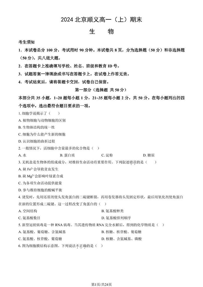 2024北京顺义高一（上）期末生物试卷（教师版）第1页