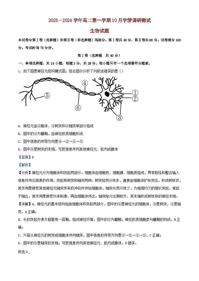 江苏省扬州市高邮市2023_2024学年高二生物上学期10月测试试题含解析第1页