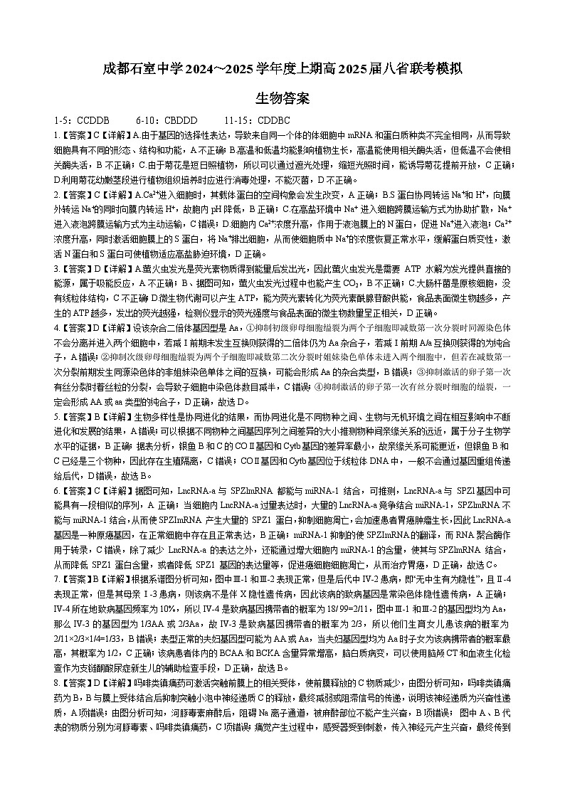 成都石室中学 2025 年高考适应性测试演练模拟考试 生物答案第1页