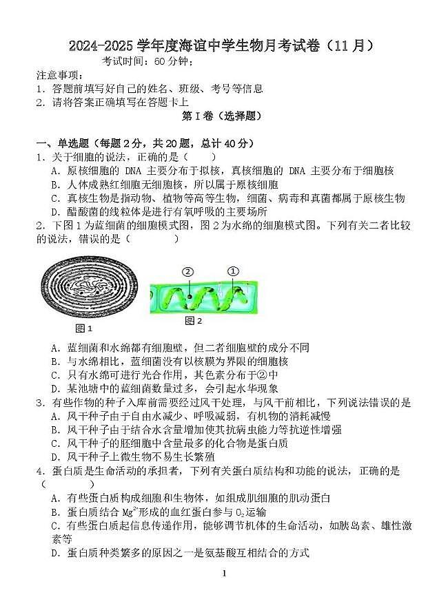 湖南省邵阳市海谊中学2024-2025学年高一上学期11月月考生物试题第1页