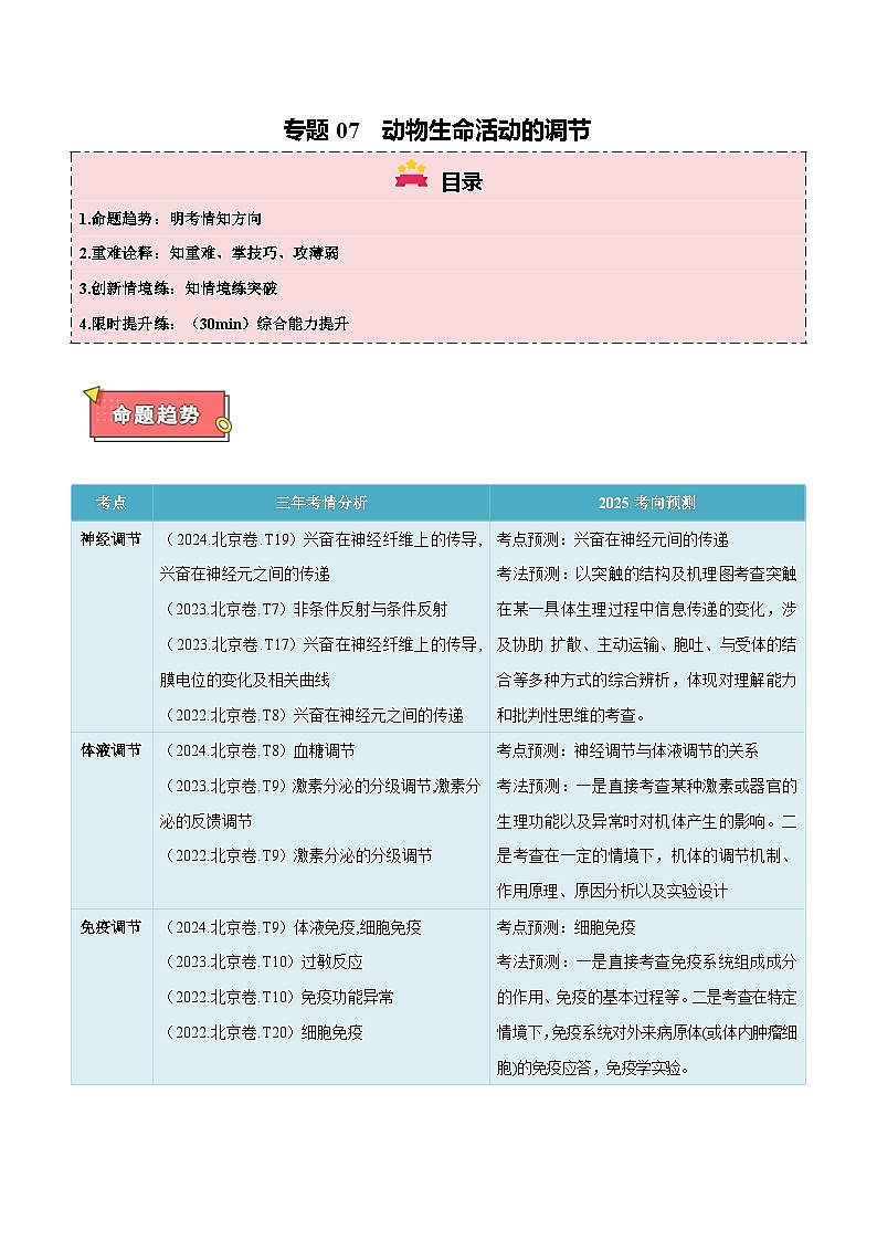 专题07  动物生命活动的调节-2025年高考生物 热点 重点 难点 专练（北京专用）（原卷版）第1页