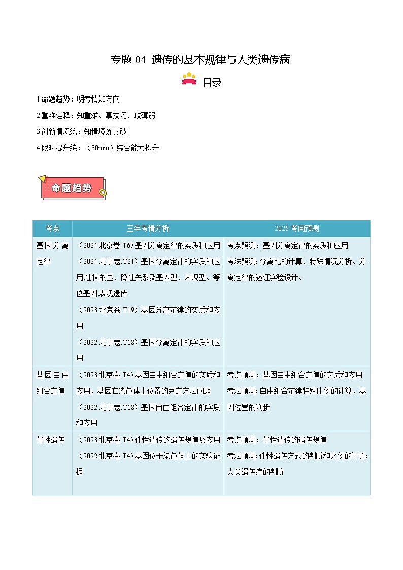 重难点04 遗传的基本规律和人类遗传病-2025年高考生物 热点 重点 难点 专练（北京专用）（解析版）第1页