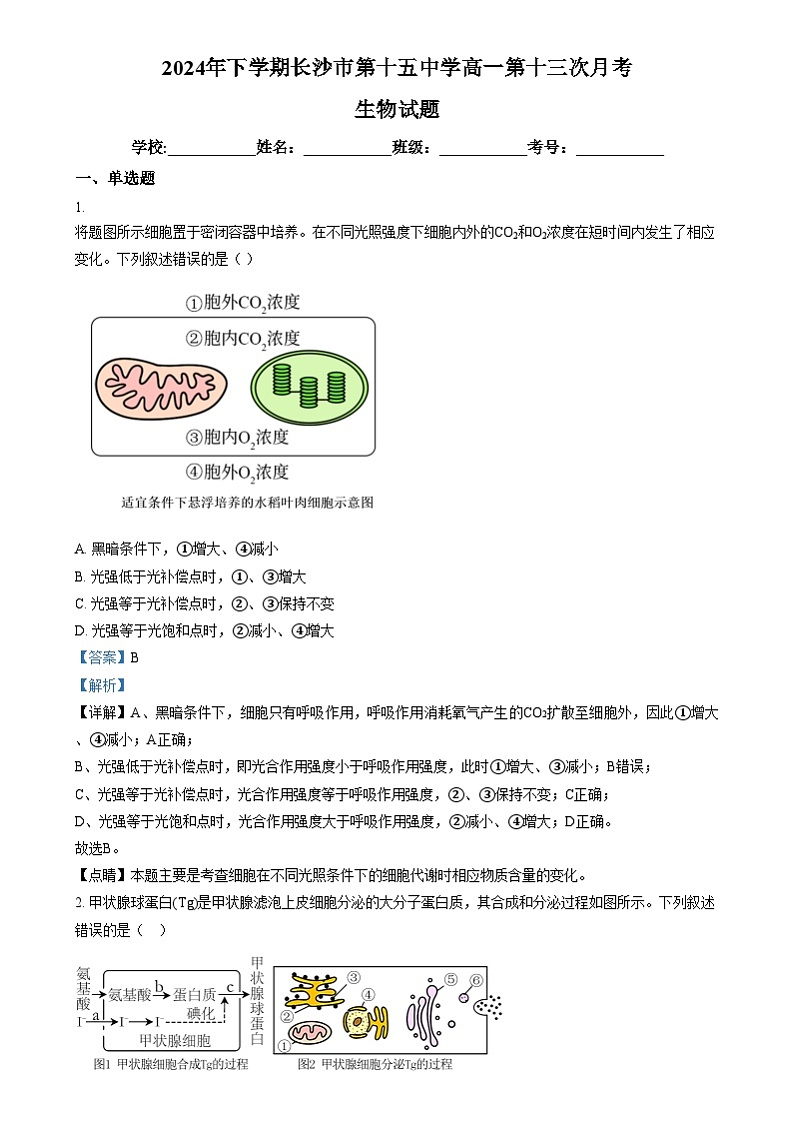湖南省长沙市雷锋学校2024-2025学年高一上学期12月月考生物试题（解析版）第1页