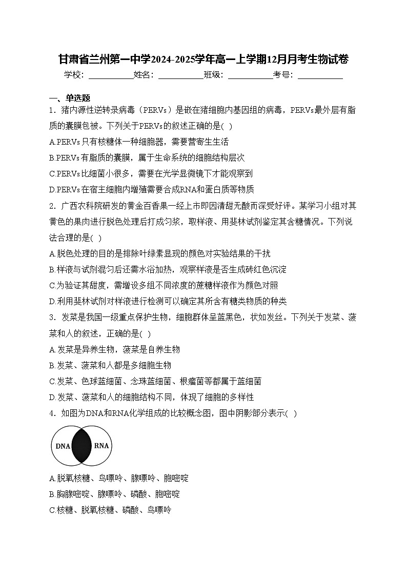 甘肃省兰州第一中学2024-2025学年高一上学期12月月考生物试卷(含答案)第1页