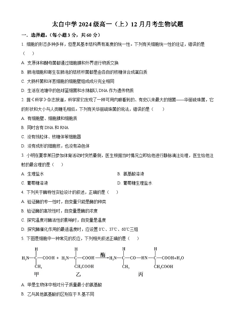 四川省江油市太白中学2024-2025学年高一上学期12月月考生物试题第1页