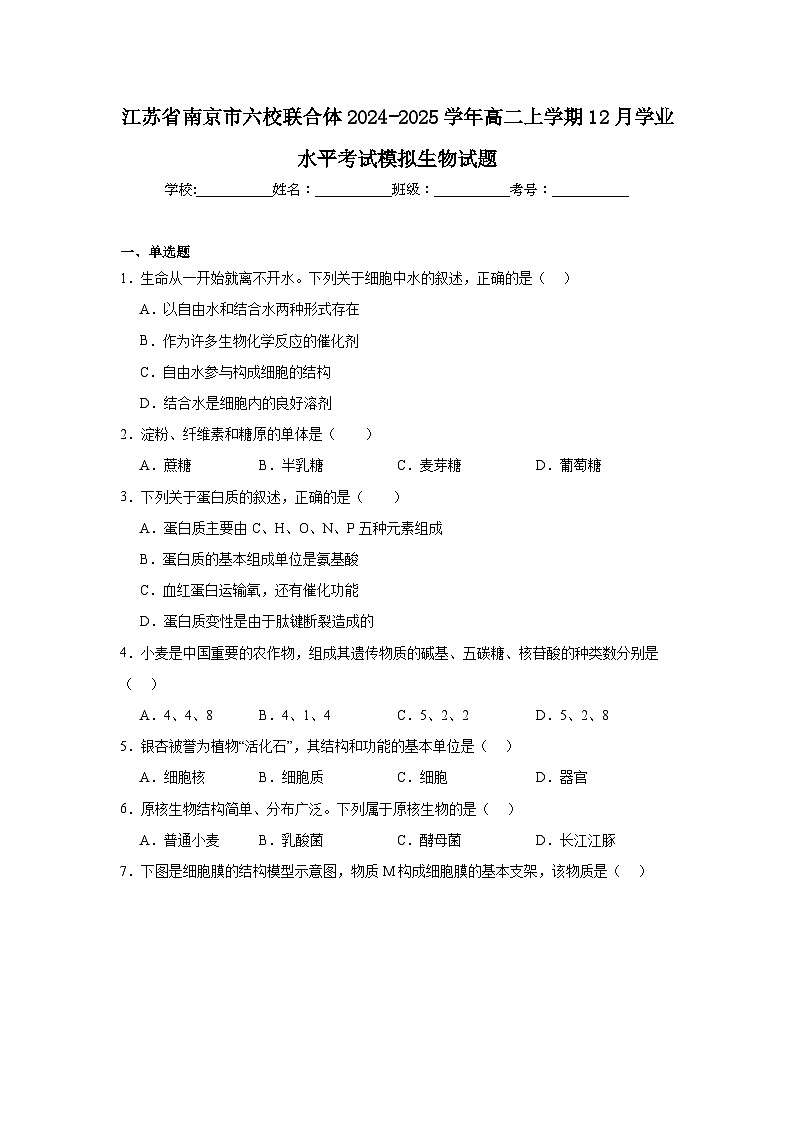 江苏省南京市六校联合体2024-2025学年高二上学期12月学业水平考试模拟生物试题第1页