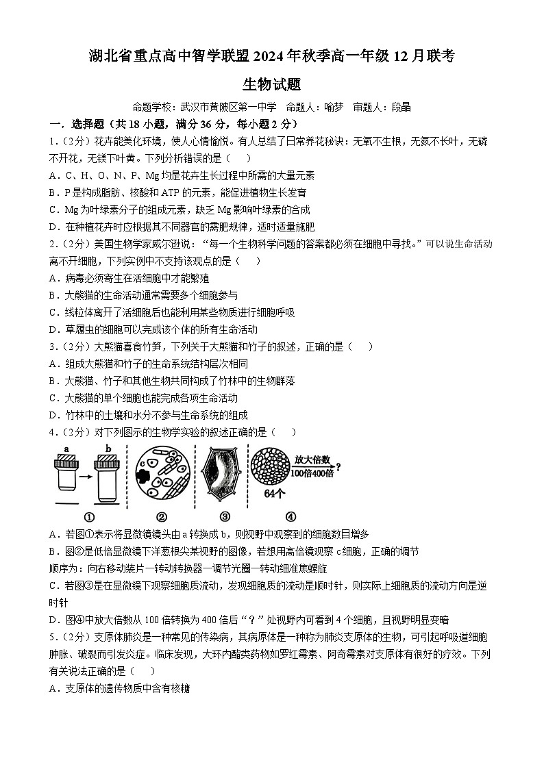 2025湖北省重点高中智学联盟高一上学期12月月考生物试题含解析第1页