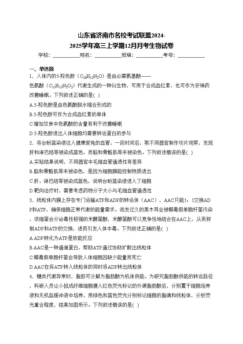 山东省济南市名校考试联盟2024-2025学年高三上学期12月月考生物试卷(含答案)第1页