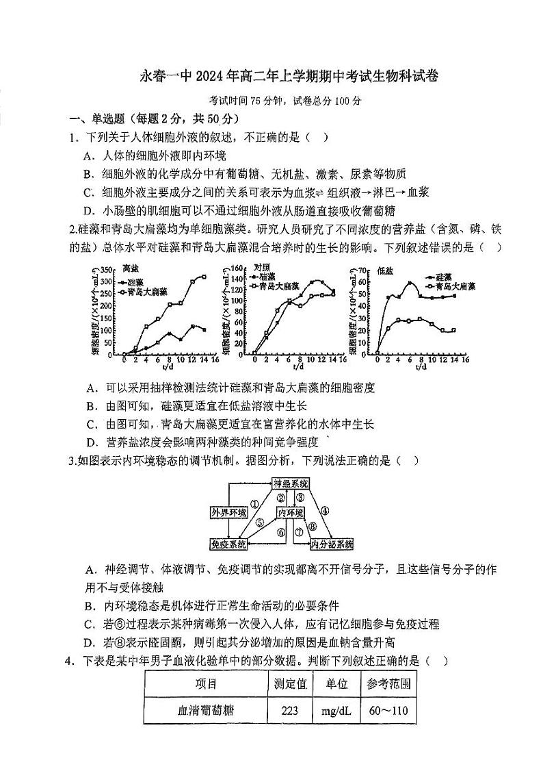 福建省泉州市永春县第一中学2024-2025学年高二上学期期中生物试题第1页