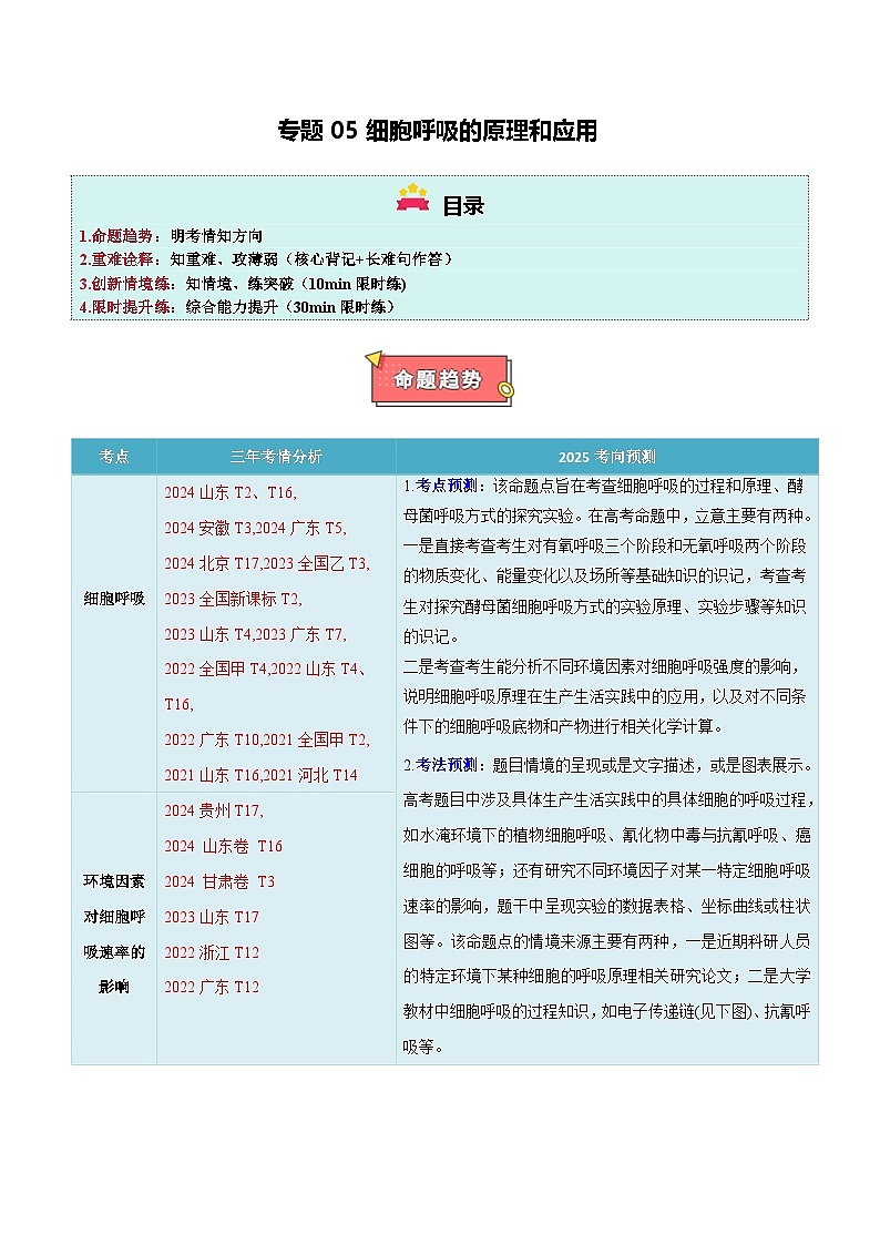 专题05 细胞呼吸的原理和应用-2025年高考生物 热点 重点 难点 专练（新高考通用）（解析版）第1页