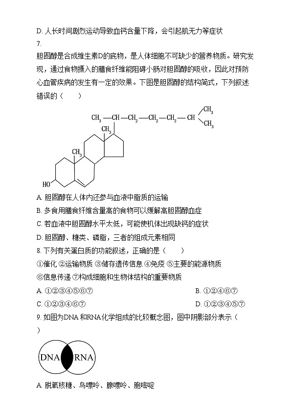 重庆市第八中学2024-2025学年高一上学期12月月考生物试题 Word版无答案第3页