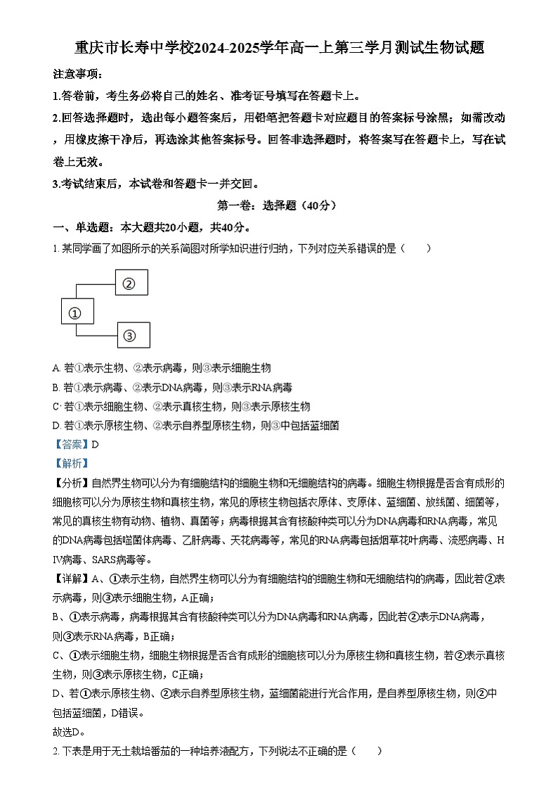重庆市长寿区重庆市长寿中学2024-2025学年高一上学期12月月考生物试题 Word版含解析第1页