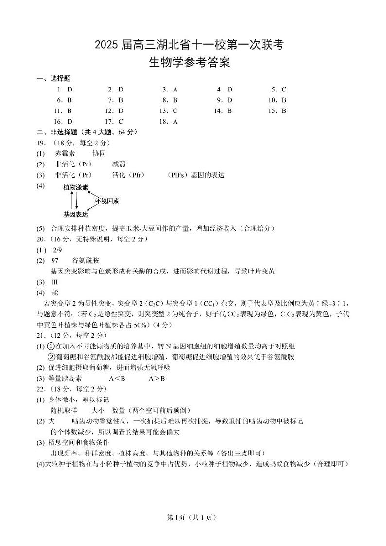 2025届高三湖北省十一校第一次联考生物答案第1页