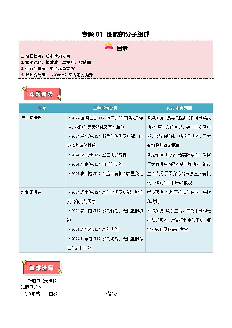 专题01 细胞的分子组成-2025年高考生物 热点 重点 难点 专练（西北四省专用）（陕西、山西、宁夏、青海）（解析版）第1页