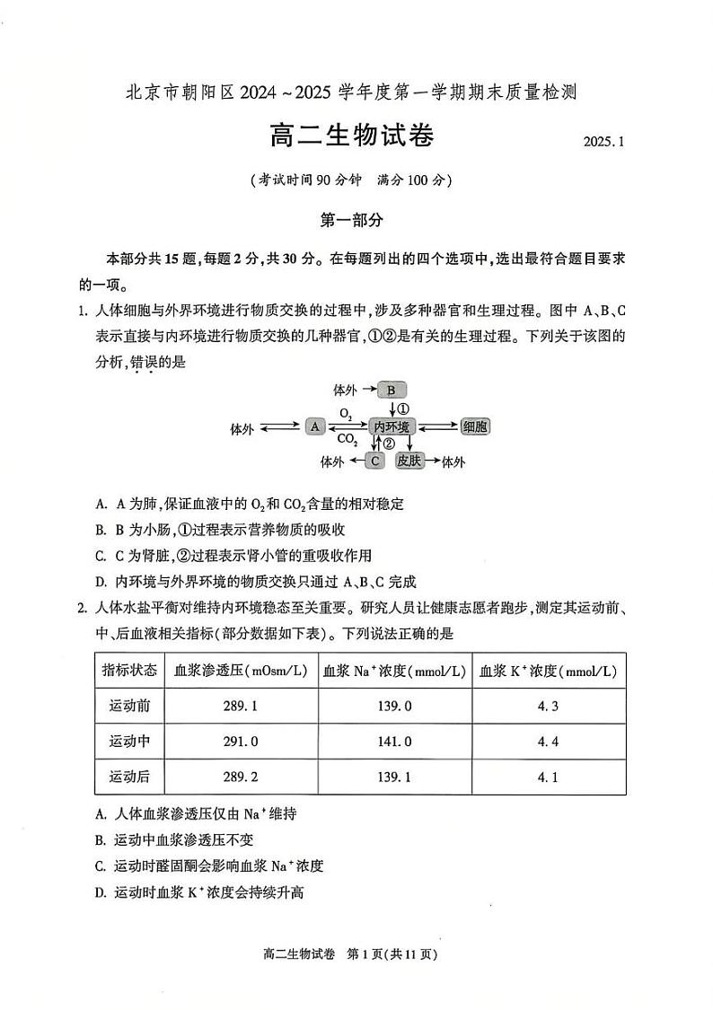 北京市朝阳区2024-2025学年高二上学期1月期末质量检测生物试卷第1页