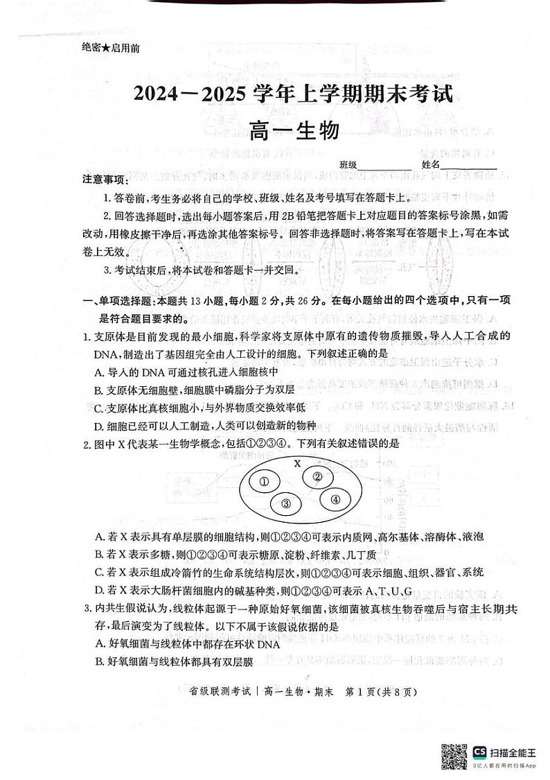 河北省邯郸市涉县第一中学2024-2025学年高一上学期期末考试生物试题第1页
